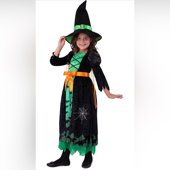 Green Witch Costume for Girls, Evil Fairytale Witch Costume Deluxe Set w Hat NEW - Picture 4 of 7